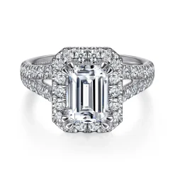 Clearance Gabriel & Co. James - 14K White Gold Halo Emerald Cut Diamond Engagement Ring