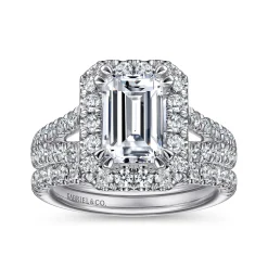 Clearance Gabriel & Co. James - 14K White Gold Halo Emerald Cut Diamond Engagement Ring