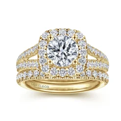 Discount Gabriel & Co. James - 14K Yellow Gold Cushion Halo Round Diamond Engagement Ring