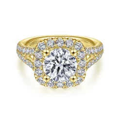 Discount Gabriel & Co. James - 14K Yellow Gold Cushion Halo Round Diamond Engagement Ring