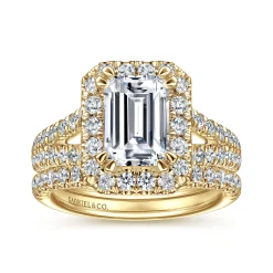 Clearance Gabriel & Co. James - 14K Yellow Gold Halo Emerald Cut Diamond Engagement Ring