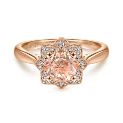 Outlet Gabriel & Co. 14K Rose Gold Floral Diamond Halo Round Morganite Ring