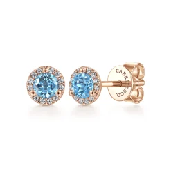 Best Gabriel & Co. 14k Rose Gold Round Cut Diamond Halo Swiss Blue Topaz Stud Earrings