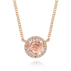 Best Gabriel & Co. 14K Rose Gold Round Morganite and Diamond Halo Pendant Necklace