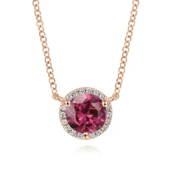 Discount Gabriel & Co. 14K Rose Gold Round Pink Tourmaline and Diamond Halo Pendant Necklace