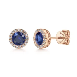 Best Gabriel & Co. 14K Rose Gold SA - Blue Sapphire Halo Stud Earrings