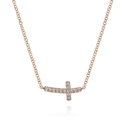 Discount Gabriel & Co. 14K Rose Gold Sideways Curved Diamond Cross Necklace