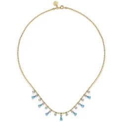 Clearance Gabriel & Co. 14K White and Yellow Gold Bead Chain Diamond and Blue Topaz Droplet Necklace