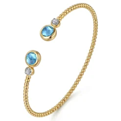 Hot Gabriel & Co. 14K White and Yellow Gold Bujukan Diamond and Blue Topaz Bangle