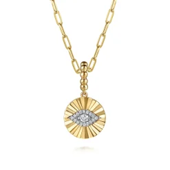 Best Gabriel & Co. 14K White and Yellow Gold Bujukan Diamond Cut Evil Eye Medallion Pendant With Detachable Bail