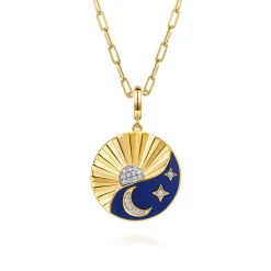 Clearance Gabriel & Co. 14K White and Yellow Gold Diamond and Diamond Cut Medallion With Detachable Bail with Chrome Blue Enamel