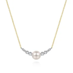 Discount Gabriel & Co. 14K White and Yellow Gold Graduating Diamond and Pearl Bar Necklace