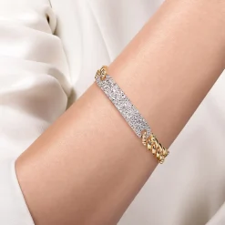 Sale Gabriel & Co. 14K White and Yellow Gold 8mm Hollow Cuban Link Chain Bracelet with Pave Diamond ID Plate