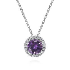Gabriel & Co. 14K White Gold Amethyst and Diamond Halo Pendant Necklace