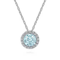 Sale Gabriel & Co. 14K White Gold Aquamarine and Diamond Halo Pendant Necklace
