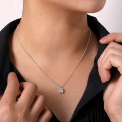Sale Gabriel & Co. 14K White Gold Baguette and Round Diamond Square Pendant Necklace