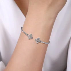Best Gabriel & Co. 14K White Gold Bujukan Split Cuff Bracelet with Diamond Flower Caps