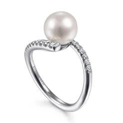 Best Gabriel & Co. 14K White Gold Bypass Pearl and Diamond Ring