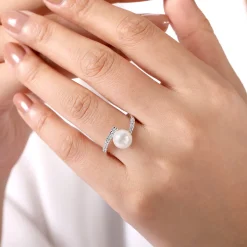 Best Gabriel & Co. 14K White Gold Bypass Pearl and Diamond Ring