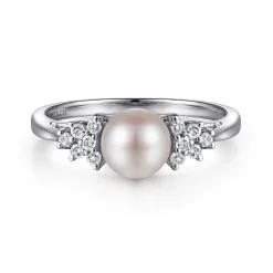 Outlet Gabriel & Co. 14K White Gold Classic Cultured Pearl Diamond Accented Stackable Ring