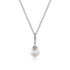 Sale Gabriel & Co. 14K White Gold Cultured Pearl and Diamond Drop Pendant Necklace