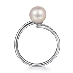 New Gabriel & Co. 14K White Gold Cultured Pearl and Diamond Open Wrap Ring