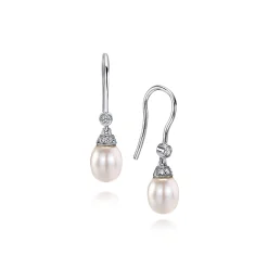 Outlet Gabriel & Co. 14K White Gold Cultured Pearl Diamond Fish Hook Drop Earrings