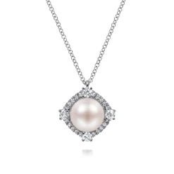 Discount Gabriel & Co. 14K White Gold Cultured Pearl Pendant Necklace with Diamond Halo