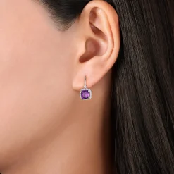 Sale Gabriel & Co. 14K White Gold Cushion Cut Amethyst and Diamond Halo Drop Earrings