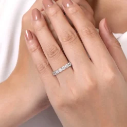 Best Gabriel & Co. 14K White Gold Cushion Cut Diamond Eternity Band with Heart Prongs - 4.3 ct