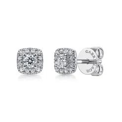 Gabriel & Co. 14K White Gold Cushion Halo Round Diamond Stud Earrings
