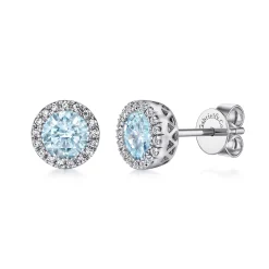 Hot Gabriel & Co. 14K White Gold Diamond and Aquamarine Halo Stud Earrings