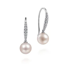 New Gabriel & Co. 14K White Gold Diamond and Pearl Fish Wire Drop Earrings