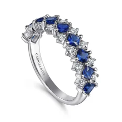 New Gabriel & Co. 14K White Gold Diamond and Princess Cut Blue Sapphire Wide Band Ring