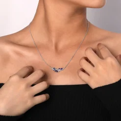 Discount Gabriel & Co. 14K White Gold Diamond and Sapphire Curved Bar Necklace