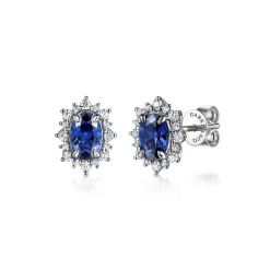 Hot Gabriel & Co. 14K White Gold Diamond Halo and Oval Sapphire Classic Stud Earrings