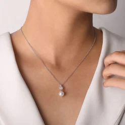 Online Gabriel & Co. 14K White Gold Diamond Pave Halo and Pearl Drop Pendant Necklace