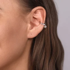 Clearance Gabriel & Co. 14K White Gold Ear Cuff With Hanging Bujukan Ball and Diamond Cluster