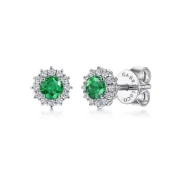 Discount Gabriel & Co. 14K White Gold Emerald and Diamond Halo Stud Earrings