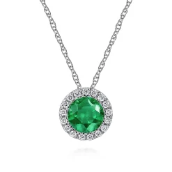 New Gabriel & Co. 14K White Gold Emerald and Diamond Halo Pendant Necklace