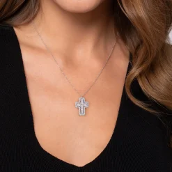 Discount Gabriel & Co. 14K White Gold Emerald Cut Diamond Cross Necklace