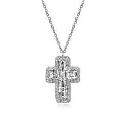 Discount Gabriel & Co. 14K White Gold Emerald Cut Diamond Cross Necklace