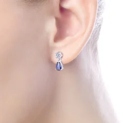 Sale Gabriel & Co. 14K White Gold Floral Diamond Stud Earrings with Pear Shaped Sapphire Drops