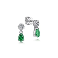 Outlet Gabriel & Co. 14K White Gold Floral Diamond Stud Earrings with Pear Shaped Emerald Drops