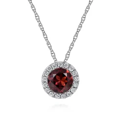 Discount Gabriel & Co. 14K White Gold Garnet and Diamond Halo Pendant Necklace