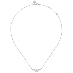 New Gabriel & Co. 14K White Gold Graduating Diamond and Pearl Bar Necklace