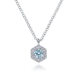 Clearance Gabriel & Co. 14K White Gold Hexagonal Halo Aquamarine and Diamond Pendant Necklace