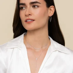 New Gabriel & Co. 14K White Gold Layered Curved Bar and Diamond Drop Y Necklace