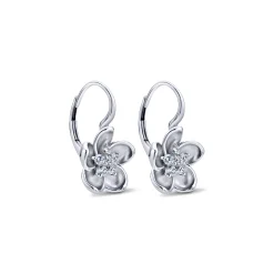 Gabriel & Co. 14K White Gold Leverback Flower Earrings with Diamond Center