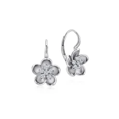 Gabriel & Co. 14K White Gold Leverback Flower Earrings with Diamond Center